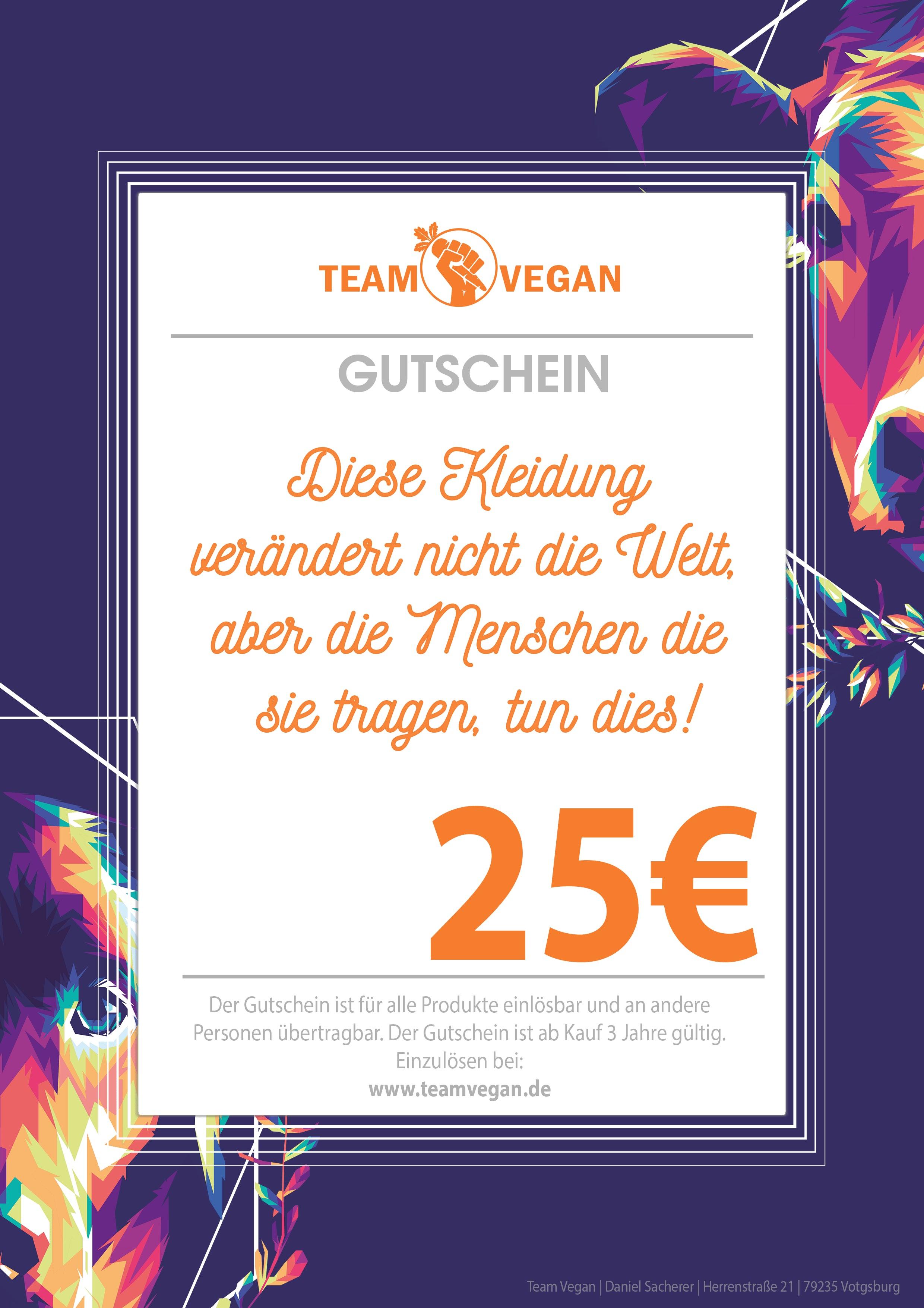 Geschenk Gutschein Geschenkgutscheine Team Vegan 25,00 € 